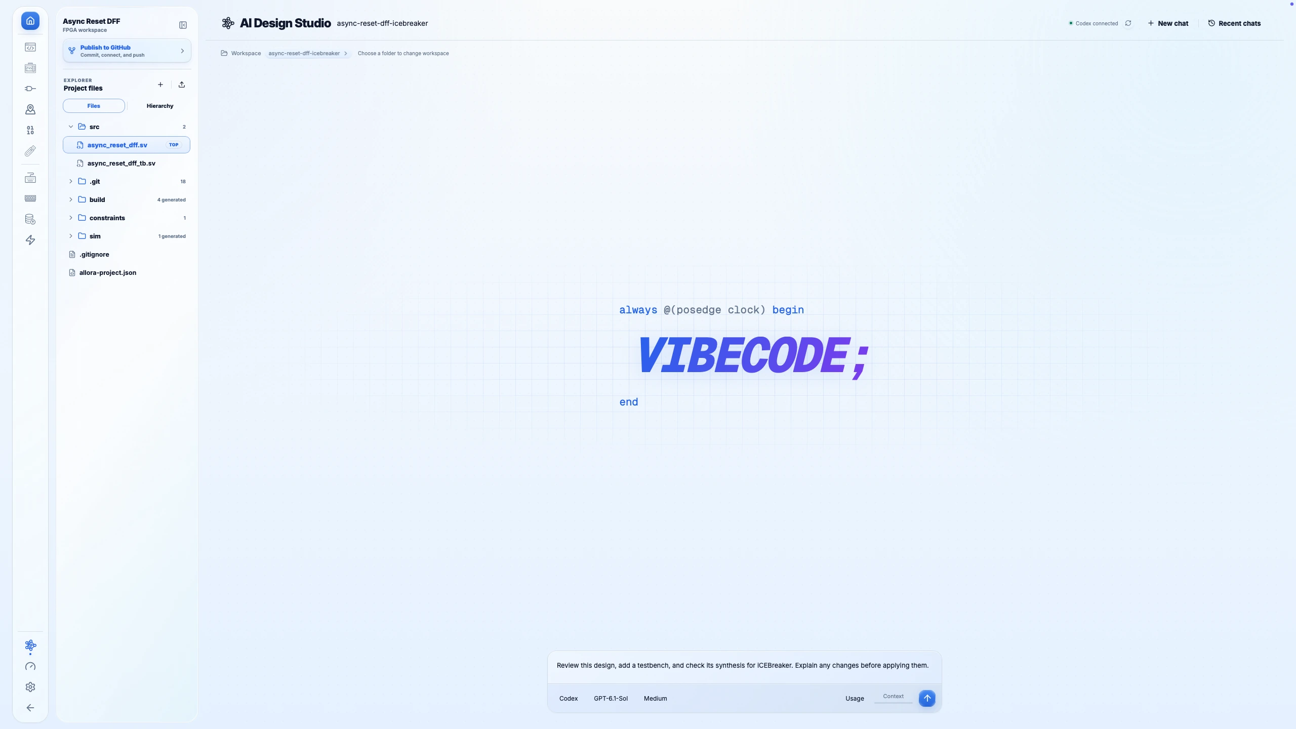 Allora AI Design Studio with native Codex, project access, and model controls