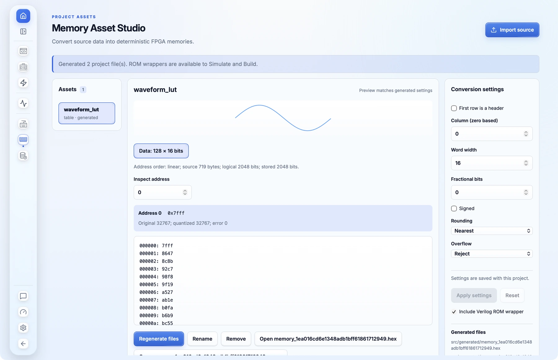 Allora Memory Asset Studio showing a converted asset and its memory words