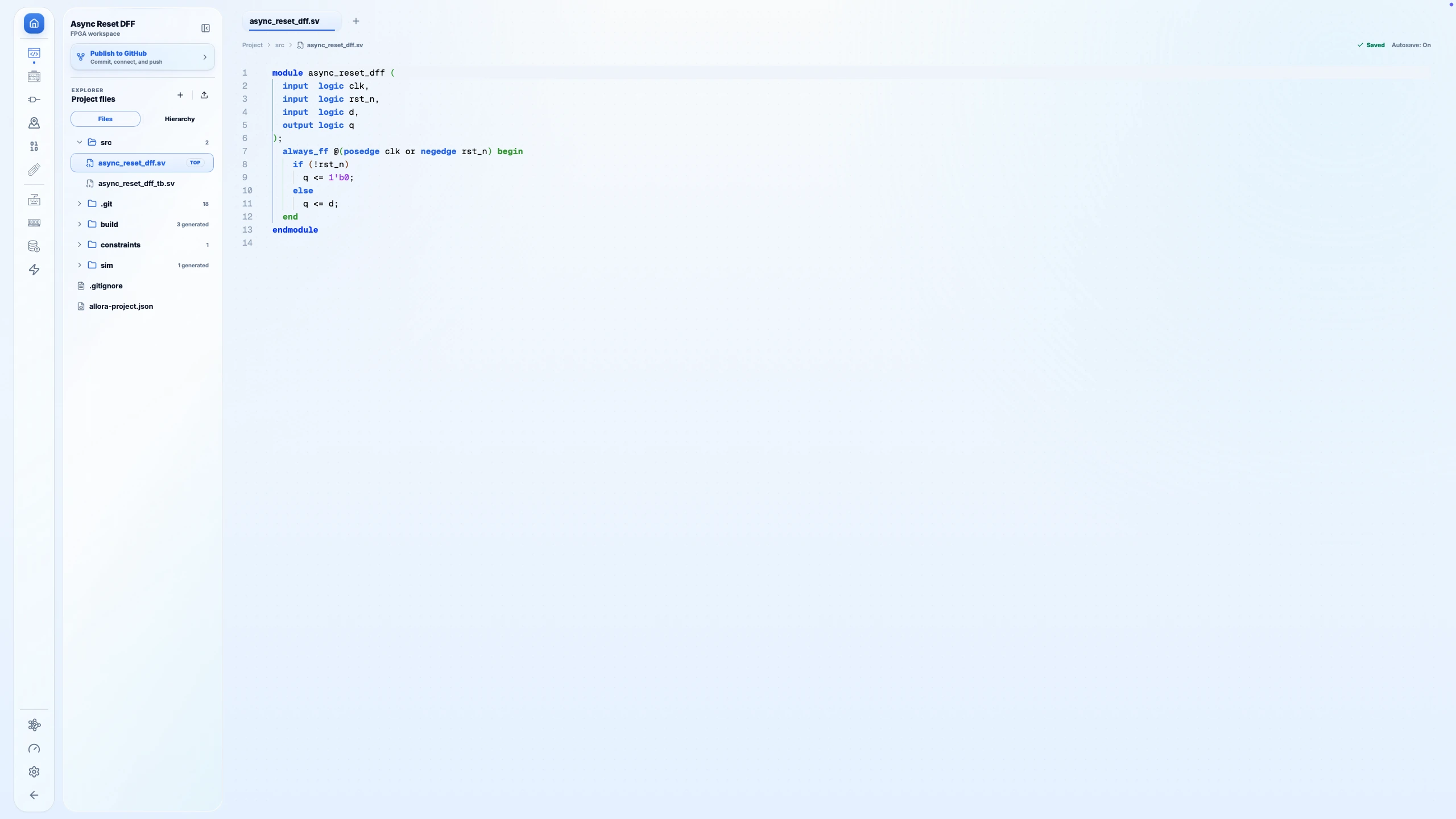 Allora unified Editor workspace with RTL source, file explorer, and shared dock